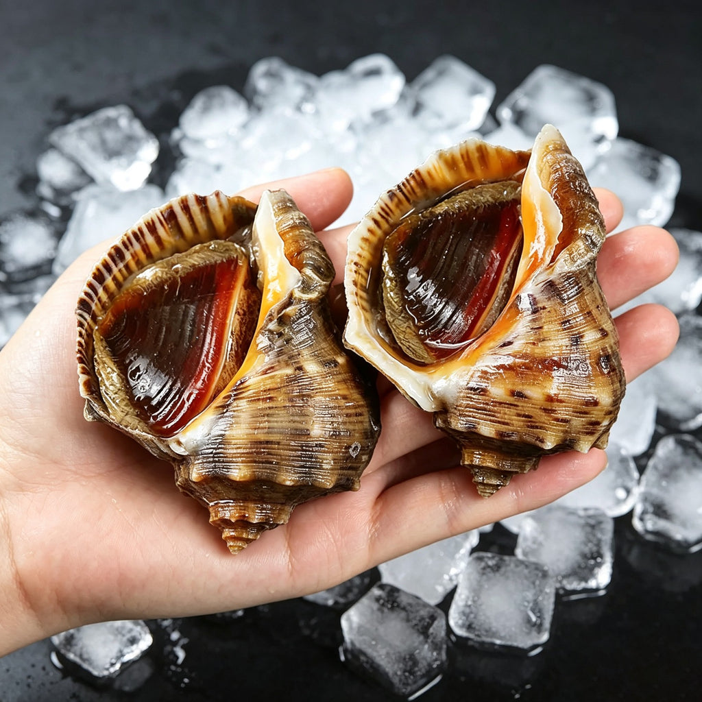Large live sea whelks with spiral shells on crushed ice with lemon wedges