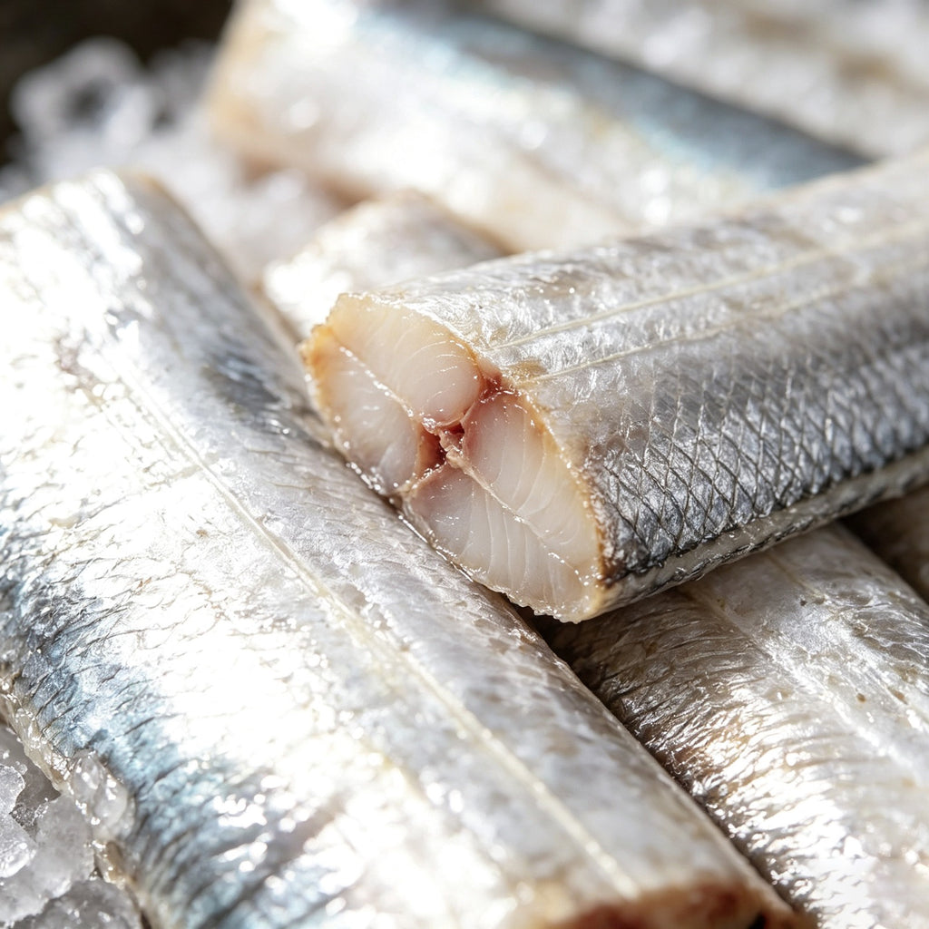 Hairtail sections arranged on ice, ready to cook