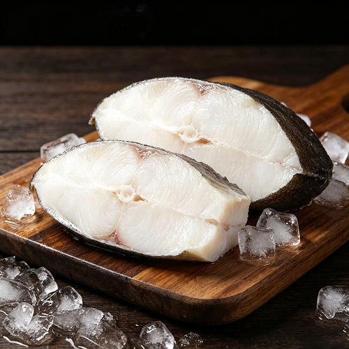Frozen halibut body with head and guts removed, laid on crushed ice