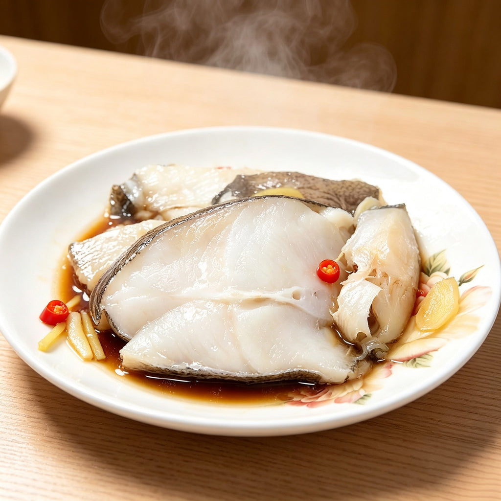 Close view of the thick snow-white flesh of a halibut body portion