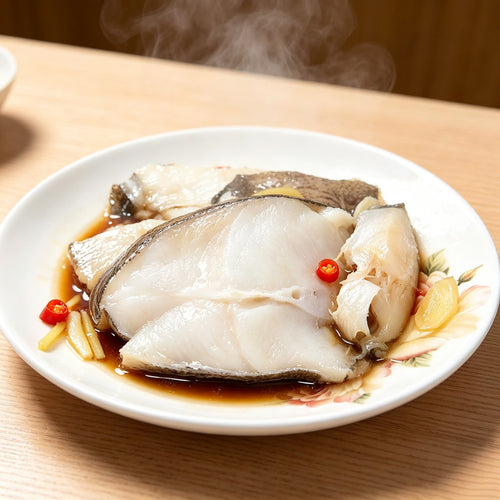 Close view of the thick snow-white flesh of a halibut body portion