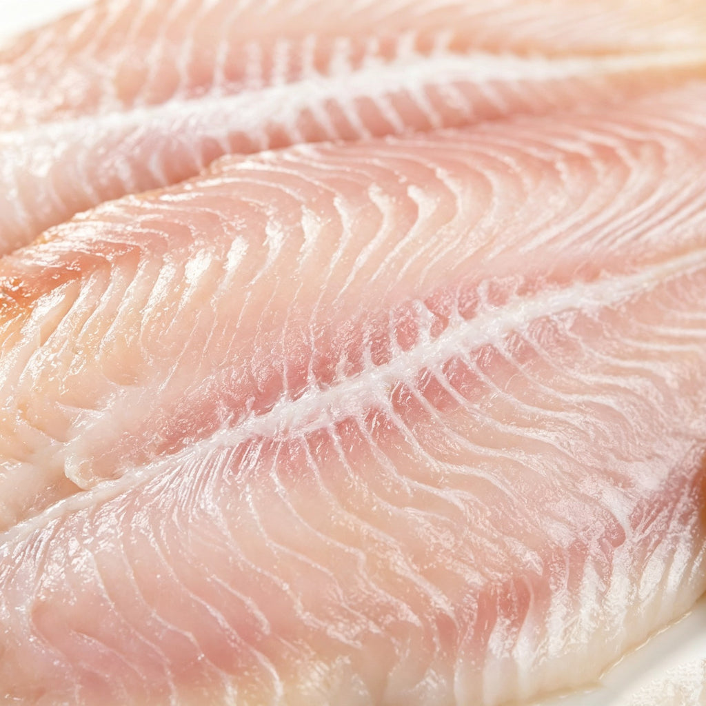 Frozen pangasius fillets, boneless and skinless, laid out on crushed ice