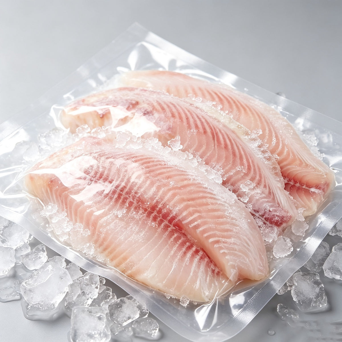 Close view of the thin pale flesh of a tilapia fillet