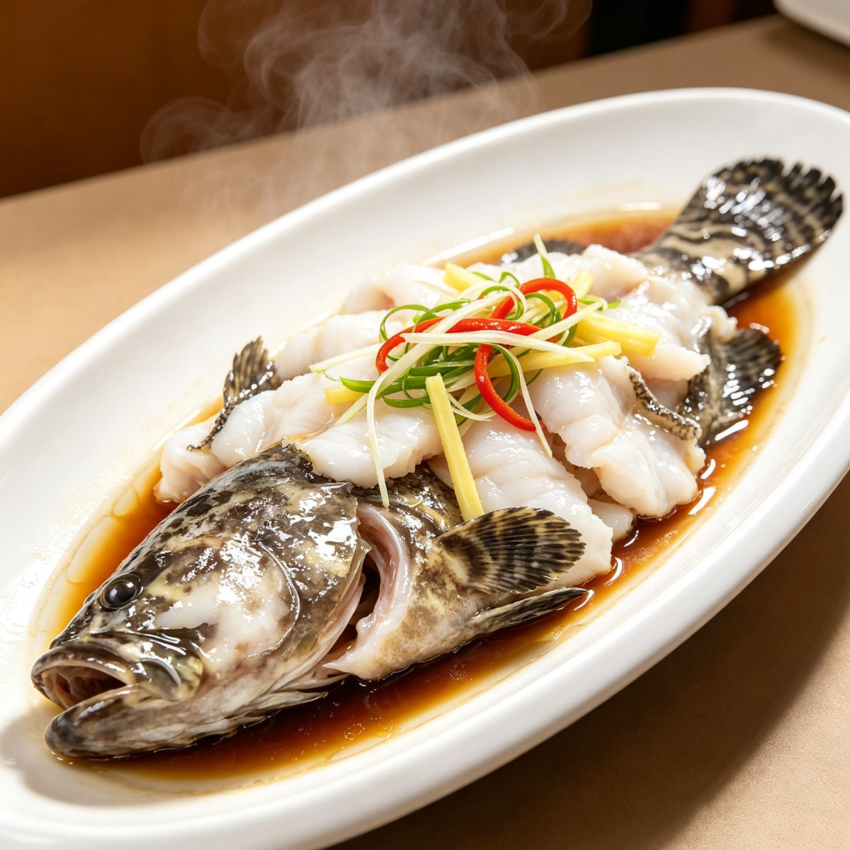 Whole frozen grouper with dark mottled skin resting on crushed ice