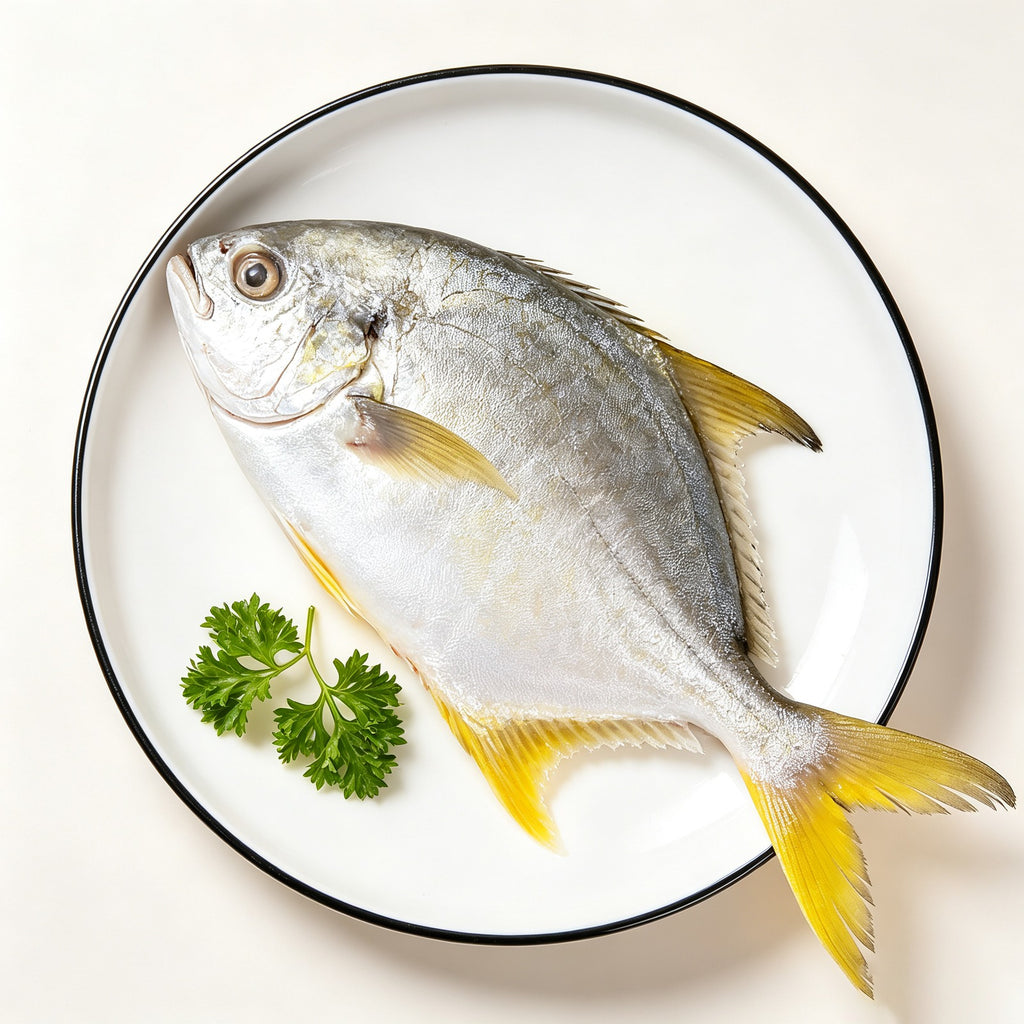 Close view of the silver body and golden fins of a yellowfin sea bream