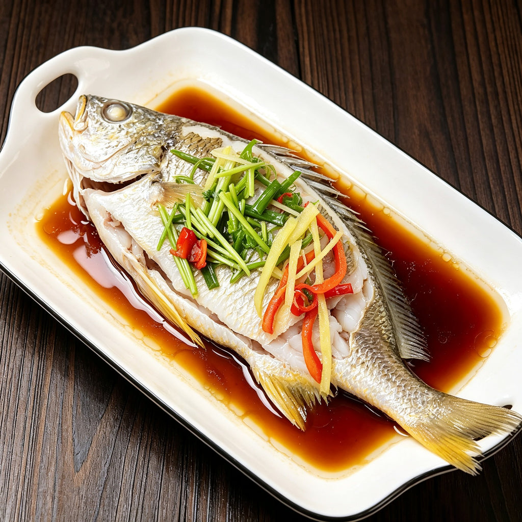 Yellowfin sea bream plated on ice for serving